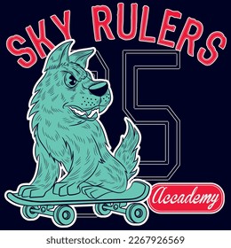 Skater dog character design. New York Skate vector print.Dog,skateboard,palm drawing.Fun t-shirt design for kids.Vector illustration design for fashion fabrics, textile graphics, print.