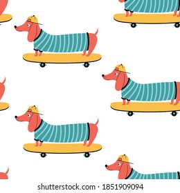 Skater dog seamless pattern print design. Vector illustration design for fashion fabrics, textile graphics, prints.