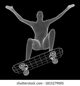 Skater doing jumping trick on skateboard. Wireframe low poly mesh vector illustration.
