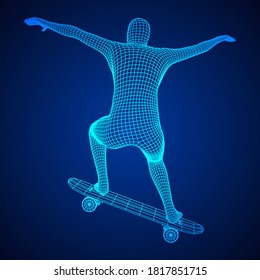 Skater doing jumping trick on skateboard. Wireframe low poly mesh vector illustration.