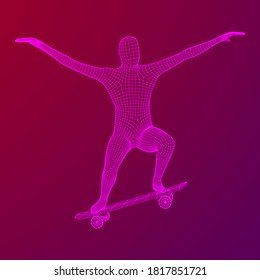 Skater doing jumping trick on skateboard. Wireframe low poly mesh vector illustration.