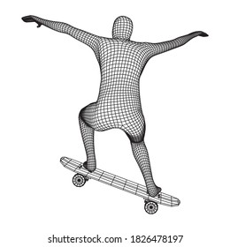 Skater doing jumping trick on skateboard. Wireframe low poly mesh vector illustration.