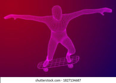 Skater doing jumping trick on skateboard. Wireframe low poly mesh vector illustration.