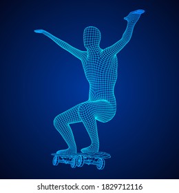 Skater doing jumping trick on skateboard. Wireframe low poly mesh vector illustration.