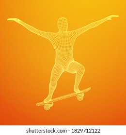 Skater doing jumping trick on skateboard. Wireframe low poly mesh vector illustration.