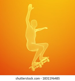 Patinaje haciendo trucos de salto en patineta. Ilustración vectorial de malla baja de malla de malla de alambre.