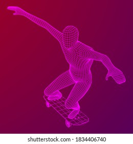 Skater springen auf Skateboard. Wireframe Low-Poly-Mesh, Vektorgrafik.