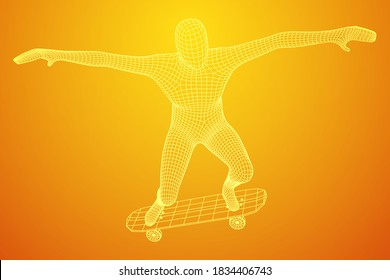 Skater doing jumping trick on skateboard. Wireframe low poly mesh vector illustration.