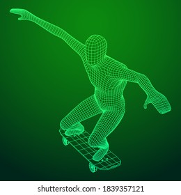 Skater doing jumping trick on skateboard. Wireframe low poly mesh vector illustration.
