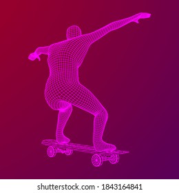 Skater doing jumping trick on skateboard. Wireframe low poly mesh vector illustration.