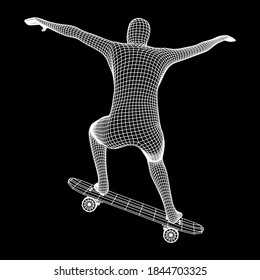 Skater doing jumping trick on skateboard. Wireframe low poly mesh vector illustration.