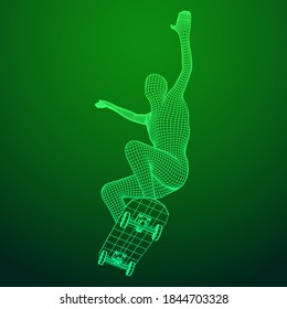 Skater doing jumping trick on skateboard. Wireframe low poly mesh vector illustration.