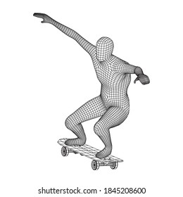 Skater doing jumping trick on skateboard. Wireframe low poly mesh vector illustration.