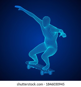 Skater doing jumping trick on skateboard. Wireframe low poly mesh vector illustration.