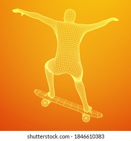 Skater doing jumping trick on skateboard. Wireframe low poly mesh vector illustration.