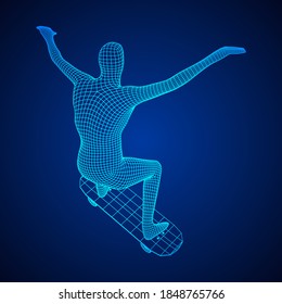 Skater doing jumping trick on skateboard. Wireframe low poly mesh vector illustration.