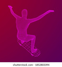 Skater doing jumping trick on skateboard. Wireframe low poly mesh vector illustration.
