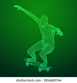 Skater doing jumping trick on skateboard. Wireframe low poly mesh vector illustration.