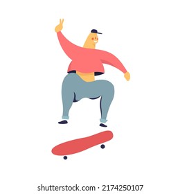 A skater doing a skateboard trick. A man doing kickflips with his skateboard. A boy jumping on his skateboard. Vector illustration