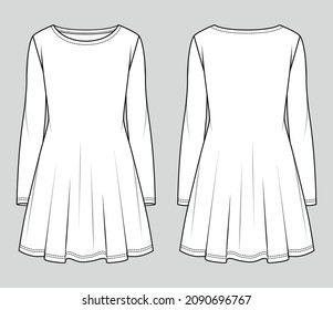 Skater dress. Mini dress. Fashion sketch. Vector illustration. Flat technical drawing. Mockup template.