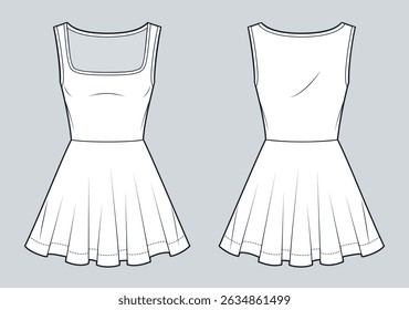 Skater Dress with Technical Flat Sketch. Square Neck mini Dress fashion flat technical drawing template, flared, sleeveless, jersey, front and back view, white, women CAD mockup.