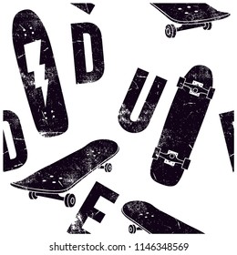 Skater dude seamless pattern. Skateboards vector print. Dude repeat pattern.