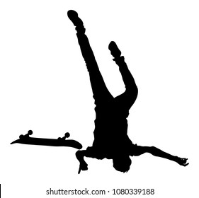 Skater falls on the street. Injured athletes accident. Extreme sportsman in skate park jump trick. Skateboarder vector silhouette illustration isolated on white background. Outdoor urban action. 