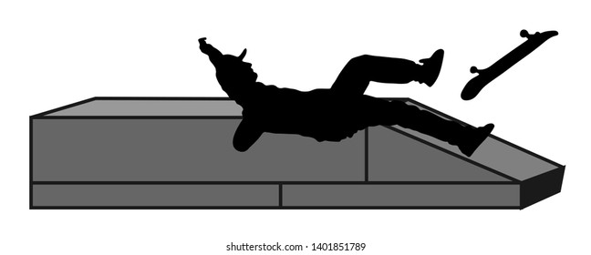 Skater falls on the street. Injured athletes accident. Extreme sportsman in skate park jump trick. Skateboarder vector silhouette illustration isolated on white background. Outdoor urban action. 