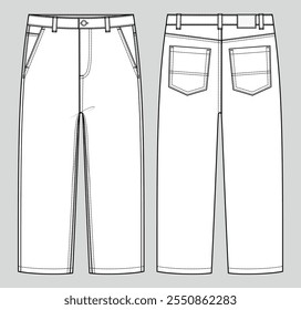 Skater fit comfort jeans. Men's denim wear. Vector technical sketch. Mockup template.