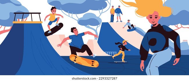 Skater flat concept with teenagers riding skates on ramp vector illustration