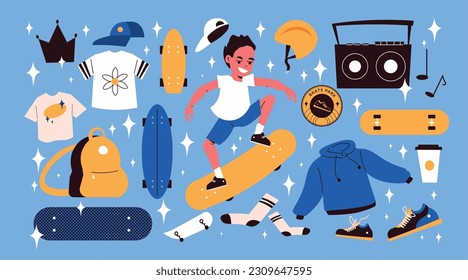 Skater flat icons set with teenager on longboard vector illustration