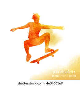 A Skater flipping a skateboard. Watercolour vector illustration.