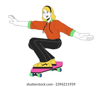 Skater girl 80s line cartoon flat illustration. Caucasian female skateboarder 20s adult 2D lineart character isolated on white background. Leisure activity 90s. Nostalgia scene vector color image