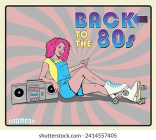 chica patinadora con reproductor de cassette ilustración vectorial, arte vectorial de chica retro de los años 80, chica con boombox viejo, dibujo disco vintage chica, de la tipografía de los años 80