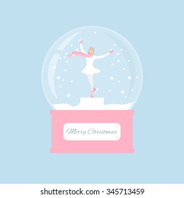 Skater girl dances in the Christmas snow globe. New Year souvenir