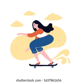 Skater girl do tricks on the board. Flat bright vector illustration, minimal style. T-shirt print, postcard, banner design element.