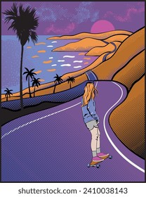 Skater Girl Patinaje sobre la pista de la playa ilustración vectorial de la calle, arte retro vintage de la playa, isla de la palma, arte de verano retro para camisetas, pegatinas, afiches, impresión gráfica 