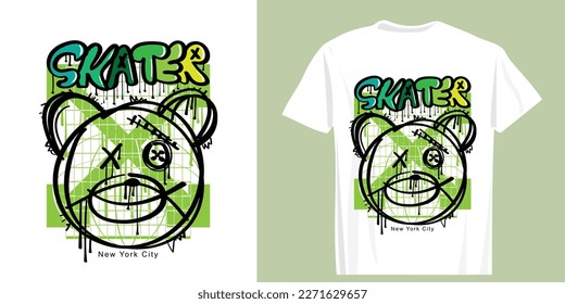 Skater graffiti urban street art style text. Smiling emoji teddy bear face drawing. Vector illustration design for fashion graphics, t shirt prints.