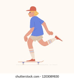 Skater guy or skateboarder riding skateboard. Young man with mustache and cap skateboarding. Outdoor sports activity. Cartoon character isolated on white background. Vector illustration in flat style.
