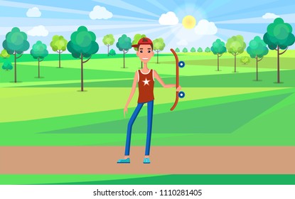 Skater holds skateboard on background of green valley, trees and bushes in park. Go skateboarding day teenager with longboard vector illustration.