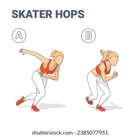 Skater Hops Exercise Guide. Colorful Concept of Girl Working at Home on Her Lateral Hip Strength - a Young Woman in Sportswear Doing Plyometric Exercise Speed Skaters in Two Stages.