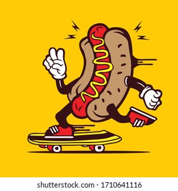 Skater Hotdog Sausage Junk Food Skateboarding Character Design