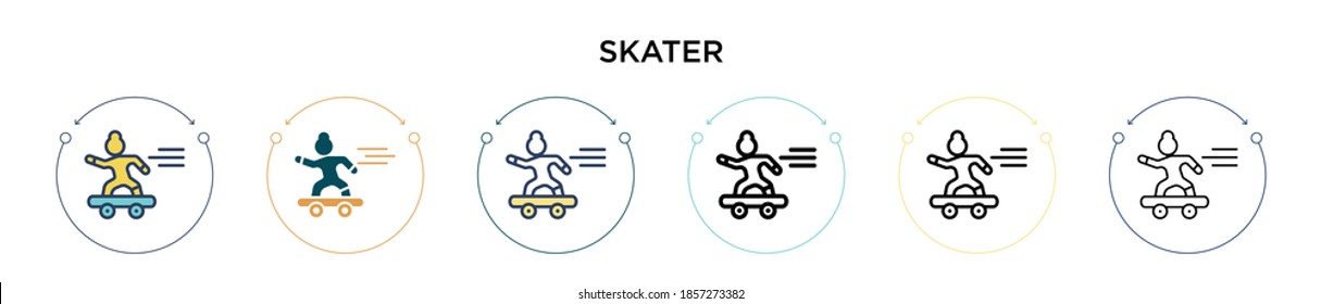 Skater icon in filled, thin line, outline and stroke style. Vector illustration of two colored and black skater vector icons designs can be used for mobile, ui, web