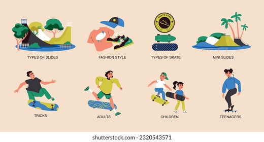 Skater icons set with teenagers riding skates isolated vector illustration