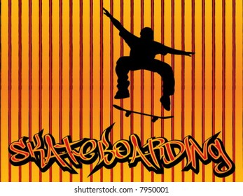 Skater illustration with graffiti text on a orange lines background