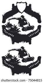 skater jumping with grunge black shield