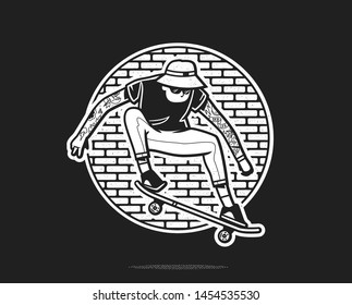 Skater jumps near wall, ollie skateboard trick flip streetwear print for shirt or sticker vector illustration