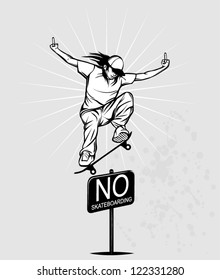 Skater making an ollie over a 'no skateboarding' sign