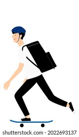 Skater man gliding with delivery bag on his back