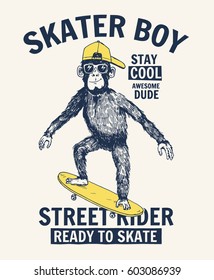 Skater Monkey illustration with cool slogan for t-shirt and other uses.